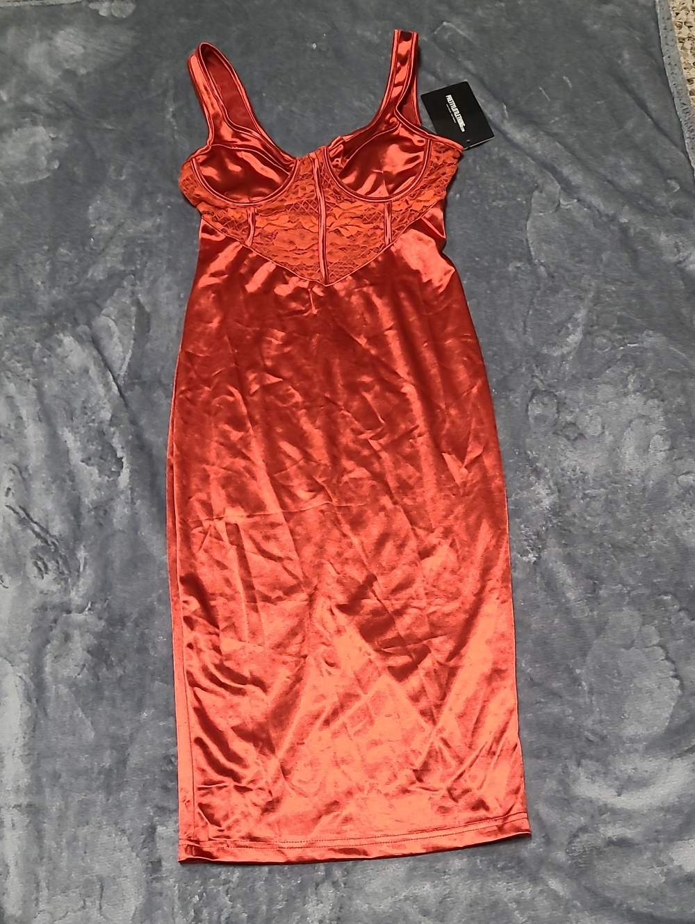 PrettyLittleThing Satin Lace-Trim Slip Dress in Rust